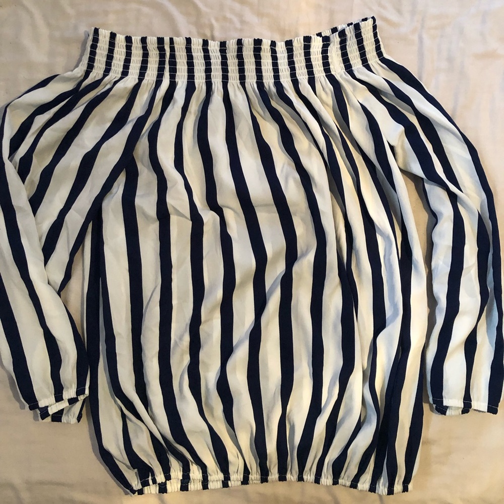 Boohoo Off the Shoulder Navy Striped Shirt